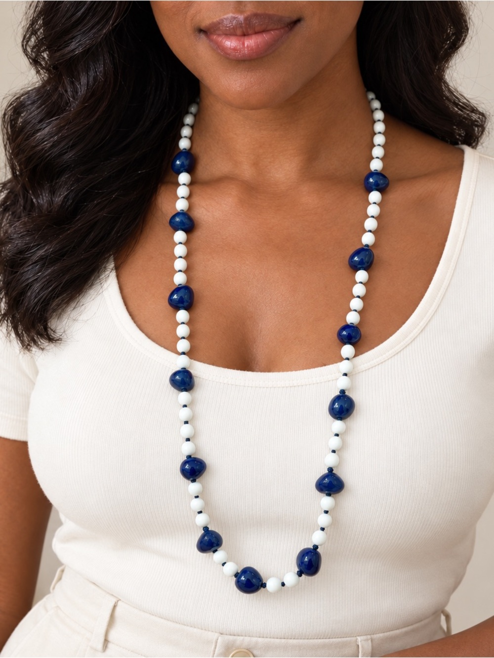 Vintage Monet Hand-Knotted Navy White Glass Bead Necklace 30” Signed